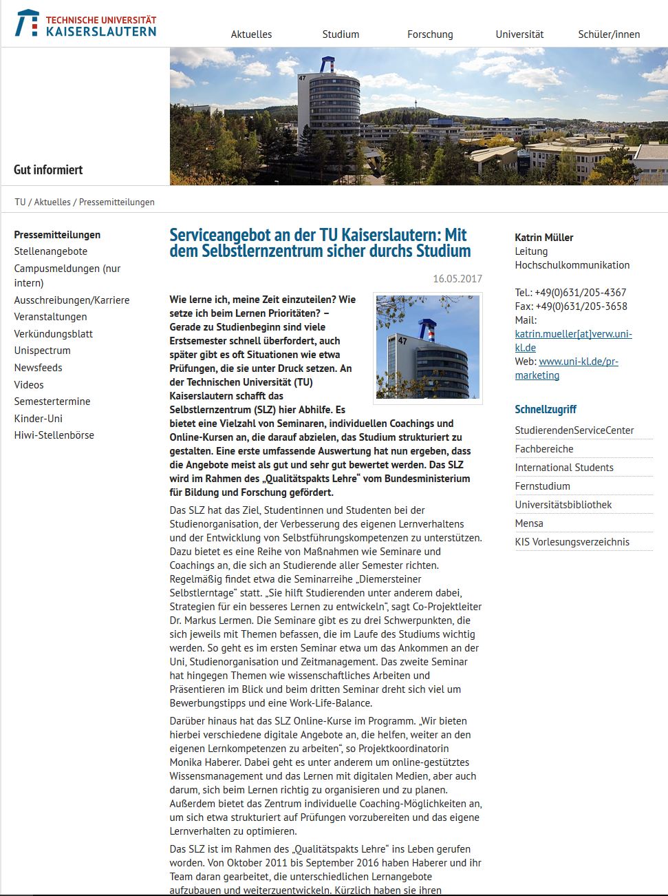 Screenshot der Pressemitteilung Serviceangebot an der TU Kaiserslautern: Mit dem Selbstlernzentrum sicher durchs Studium